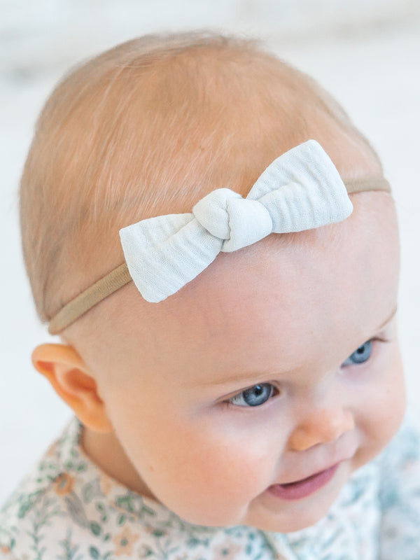 Muslin Dainty Bow - Powder Baby : Accessories : Bows : Headbands KENDI by Colored Organics Muslin Dainty Bow - Powder for Baby | Colored Organics®