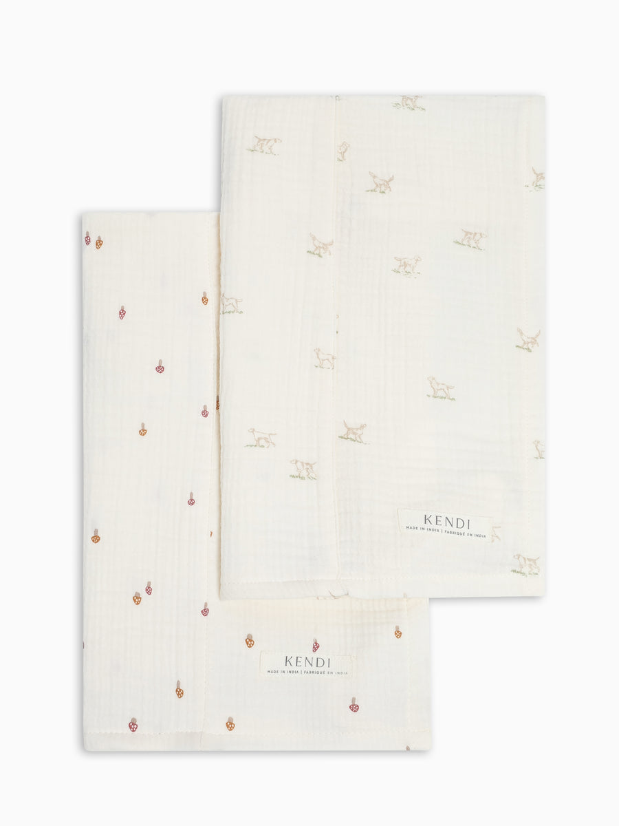 2-Pack Muslin Burp Cloths - Field Dog + Mushroom Baby : Gear : Burp Cloths : Feeding KENDI by Colored Organics 2-Pack Muslin Burp Cloths | Colored Organics®