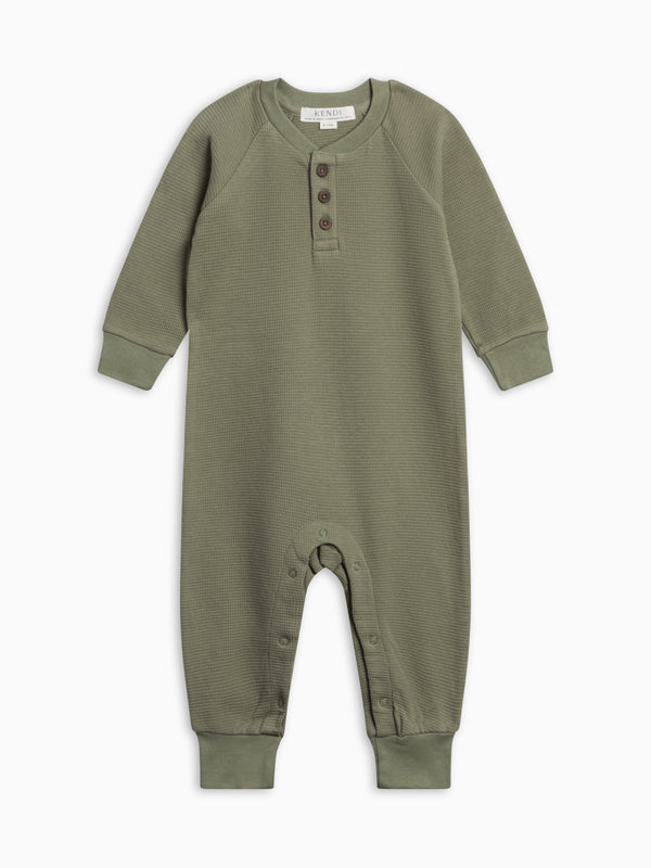 Crosby Waffle Knit Henley Romper - Fern Baby : One Pieces : Rompers : Long Sleeves KENDI by Colored Organics Baby Crosby Waffle Knit Henley Romper | Colored Organics®