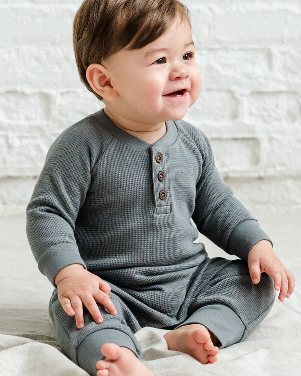 Crosby Waffle Knit Henley Romper Sale : Baby : One Pieces : Rompers : Long Sleeves KENDI by Colored Organics Baby Crosby Waffle Knit Henley Romper | Colored Organics®