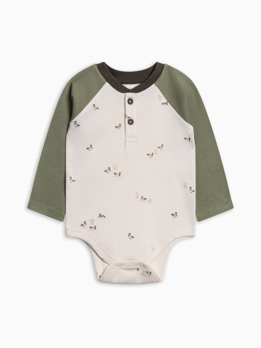 Lucas Raglan Henley Bodysuit - Mallard Baby : One Pieces : Bodysuits : Long Sleeves KENDI by Colored Organics Lucas Raglan Henley Bodysuit for Baby | Colored Organics®