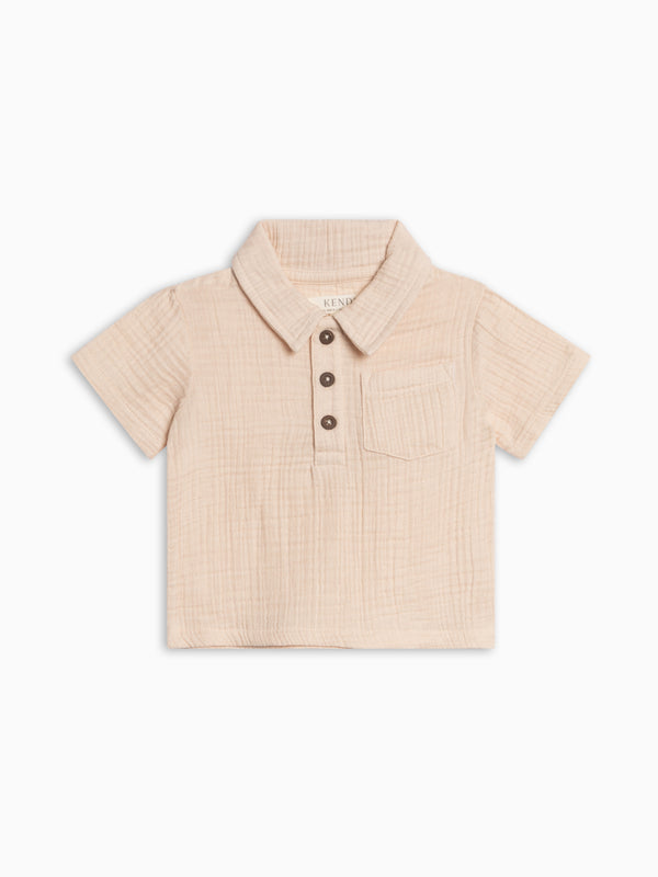 Ezra Muslin Henley - Shell Baby-Kids : Tops : Shirts : Short Sleeves KENDI by Colored Organics Ezra Muslin Henley - Shell for Baby | Colored Organics®