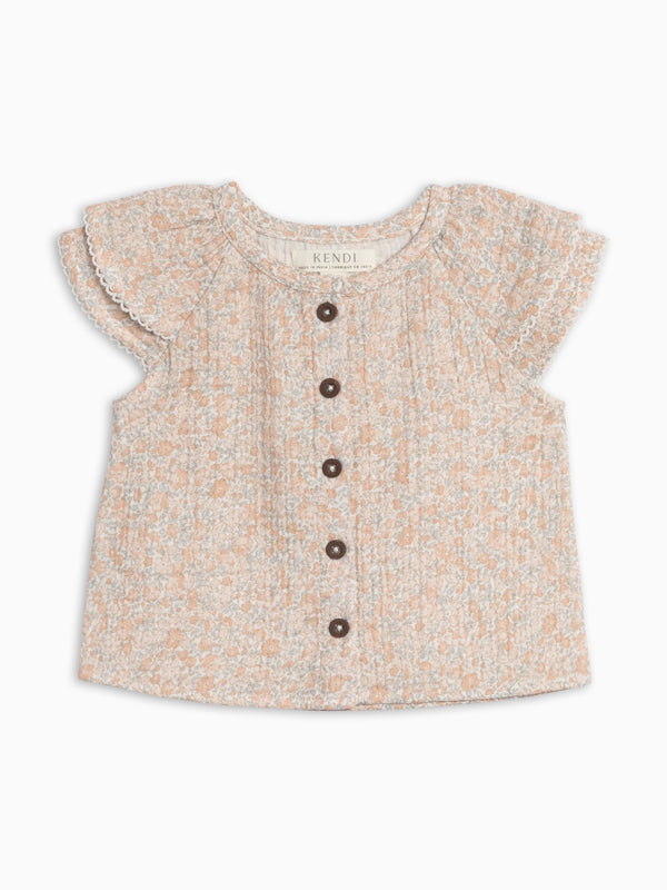 Nelly Muslin Ruffle Sleeve Top - Belmont Floral / Shell + Powder Baby-Kids : Tops : Shirts : Short Sleeves KENDI by Colored Organics Nelly Muslin Ruffle Sleeve Top | Colored Organics®