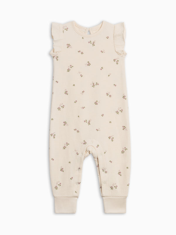 Maci Waffle Ruffle Tank Romper - Sylva Floral / Fog + Fern Baby : One Pieces : Rompers : Tanks KENDI by Colored Organics Maci Waffle Ruffle Tank Romper - Sylva | Colored Organics®