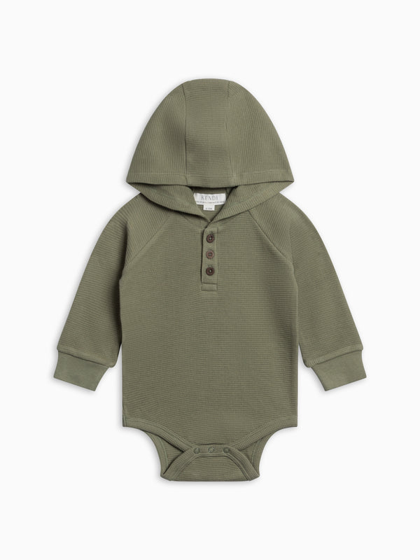 Cole Waffle Knit Hoodie Bodysuit - Fern Baby : One Pieces : Bodysuits : Long Sleeves KENDI by Colored Organics Baby Cole Waffle Knit Hoodie Bodysuit | Colored Organics®