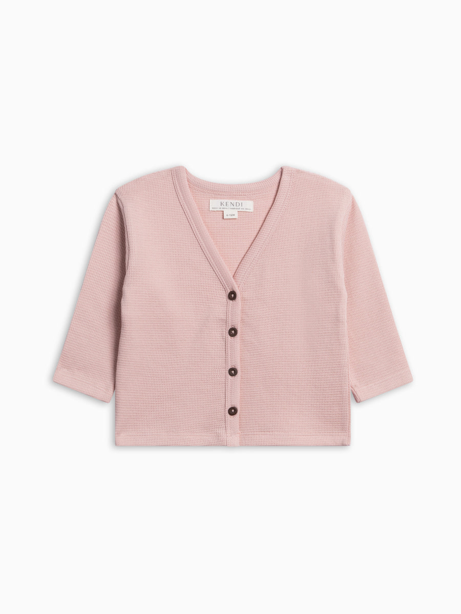 Wells Waffle Knit Button Cardigan - Petal Pink Baby-Kids : Tops : Cardigans : Long Sleeves KENDI by Colored Organics Wells Waffle Knit Button Cardigan | Colored Organics®