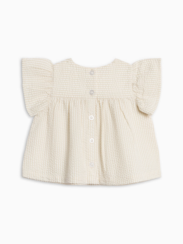 Viv Seersucker Ruffle Top - Dune Stripe Baby-Kids : Tops : Short Sleeves KENDI by Colored Organics Viv Seersucker Ruffle Top - Dune Stripe | Colored Organics®