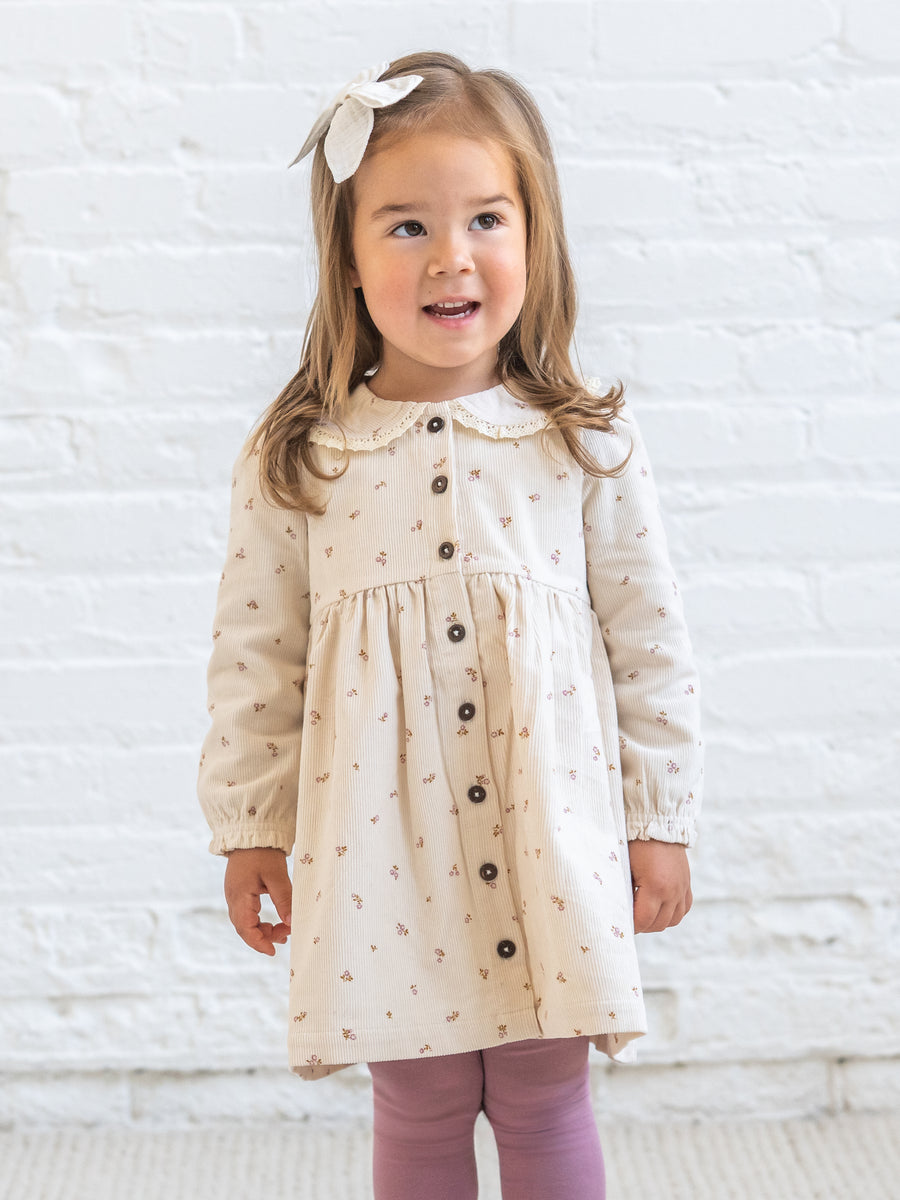 Ginny Fine Corduroy Peter Pan Collar Dress - Tilda Floral Ivory Baby-Kids : Dresses : Long Sleeves KENDI by Colored Organics Organic Cotton Baby and Kids Ginny | Colored Organics®