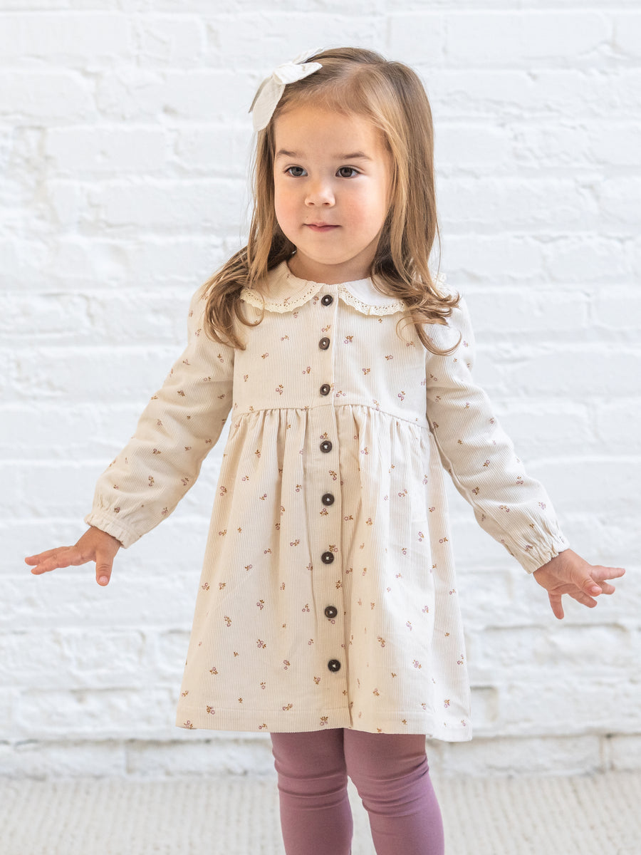 Ginny Fine Corduroy Peter Pan Collar Dress - Tilda Floral Ivory Baby-Kids : Dresses : Long Sleeves KENDI by Colored Organics Organic Cotton Baby and Kids Ginny | Colored Organics®