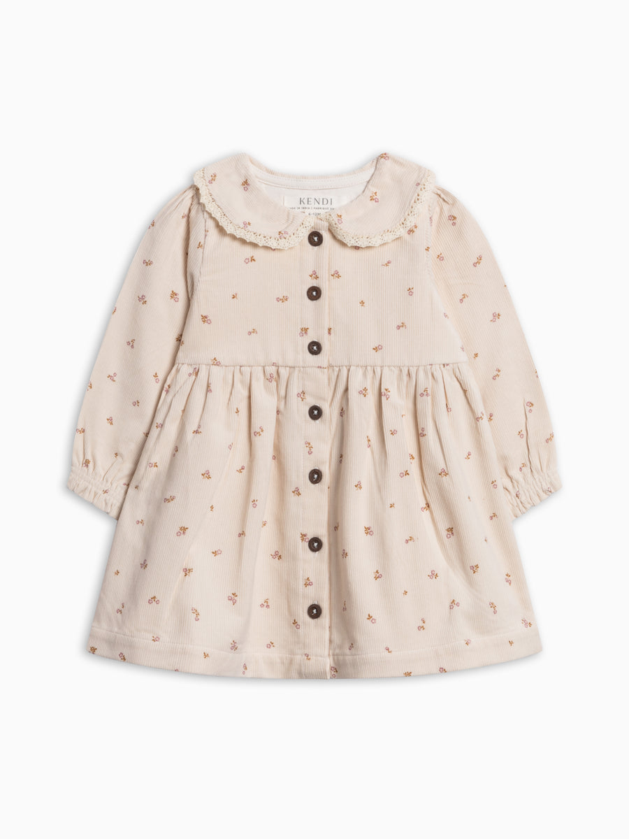 Ginny Fine Corduroy Peter Pan Collar Dress - Tilda Floral Ivory Baby-Kids : Dresses : Long Sleeves KENDI by Colored Organics Organic Cotton Baby and Kids Ginny | Colored Organics®