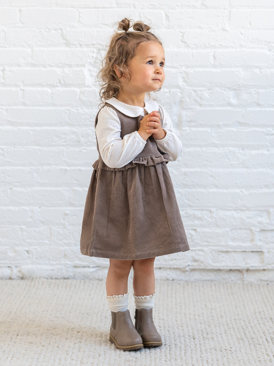 Lois Fine Corduroy Ruffle Jumper - Taupe Baby-Kids : Dresses : Tanks KENDI by Colored Organics Organic Cotton Baby and Kids Lois | Colored Organics®