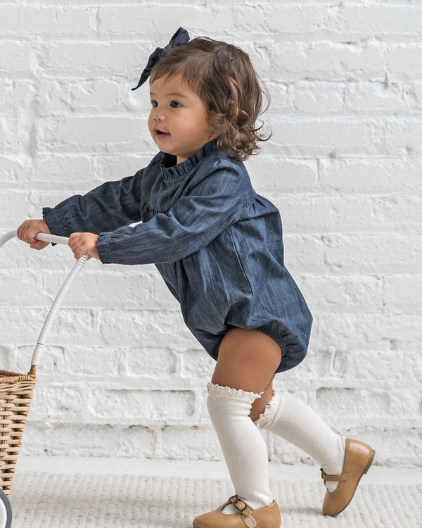 Chantal Chambray Ruffle Romper Sale : Baby : One Pieces : Bodysuits : Long Sleeves Kendi Organic Cotton Chantal Chambray Ruffle | Colored Organics®
