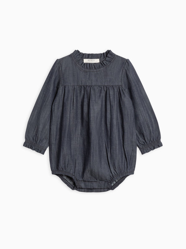 Chantal Chambray Ruffle Romper Sale : Baby : One Pieces : Bodysuits : Long Sleeves Kendi Organic Cotton Chantal Chambray Ruffle | Colored Organics®