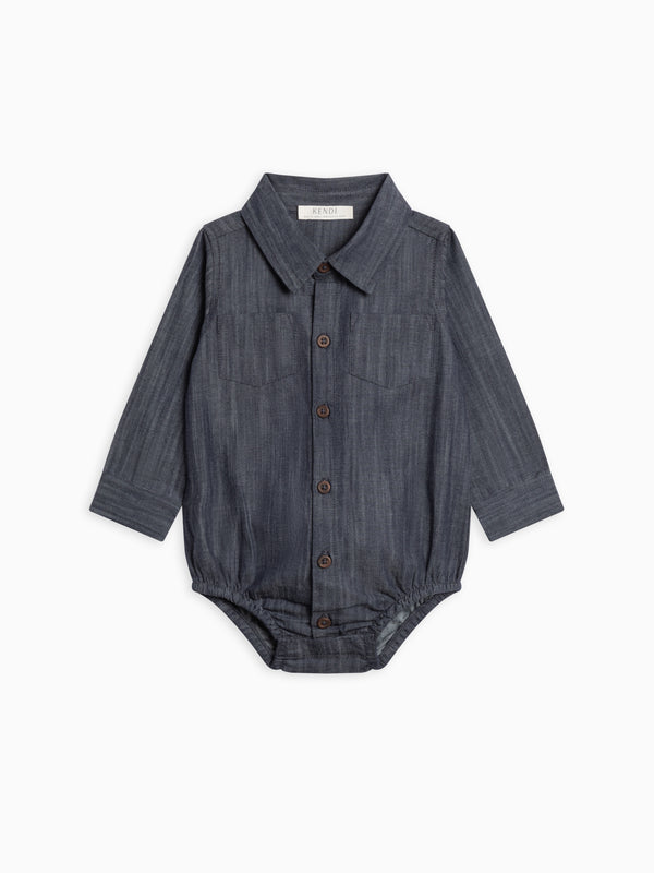 Flint Chambray Collared Bodysuit Sale : Baby : One Pieces : Bodysuits : Long Sleeves Kendi Organic Cotton Baby Flint Chambray | Colored Organics®