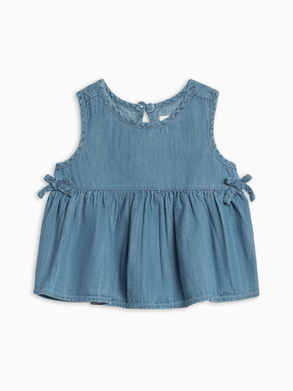 Lana Chambray Ruffle and Bow Tank Baby-Kids : Tops : Shirts : Tanks KENDI by Colored Organics Baby Lana Chambray Ruffle and Bow Tank | Colored Organics®