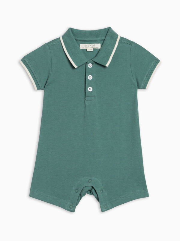 Walter Piqué Polo Romper - Laguna Baby : One Pieces : Rompers : Short Sleeves Kendi Baby Walter Piqué Polo Romper - Laguna | Colored Organics®