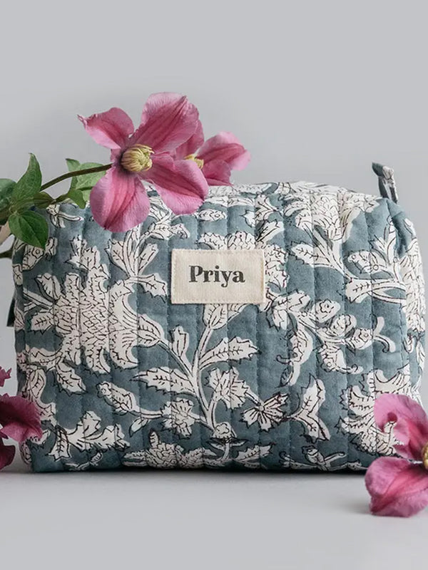Block Printed Smoky Blue Cosmetic Bag Baby : Parent : Gear : Travel : Nursery : Bath Priya Wear Block Printed Smoky Blue Cosmetic Bag | Colored Organics®