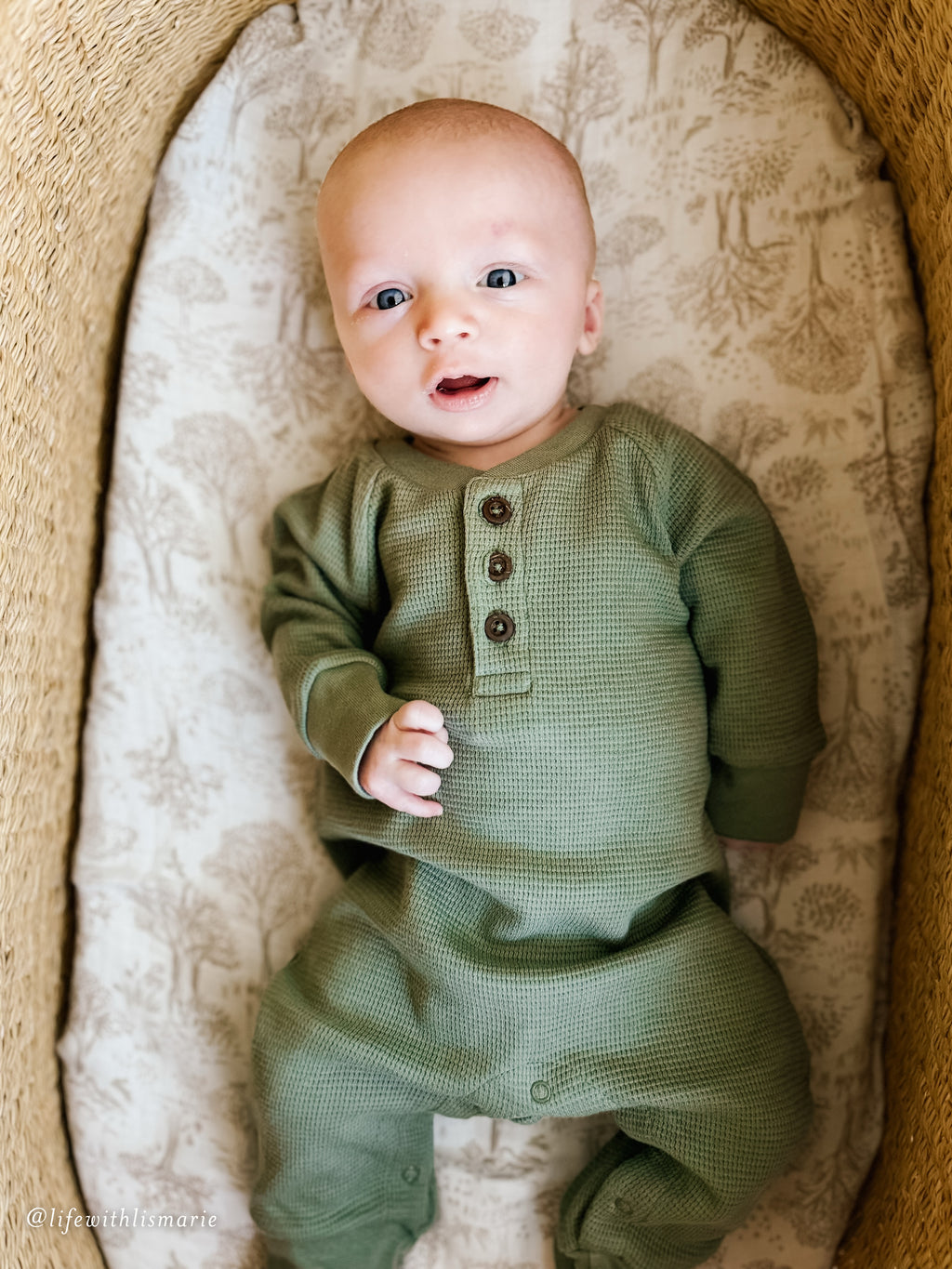 Crosby Waffle Knit Henley Romper - Fern Baby : One Pieces : Rompers : Long Sleeves KENDI by Colored Organics Baby Crosby Waffle Knit Henley Romper | Colored Organics®
