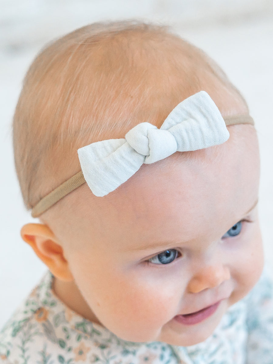 Muslin Dainty Bow - Powder Baby : Accessories : Bows : Headbands KENDI by Colored Organics Muslin Dainty Bow - Powder for Baby | Colored Organics®