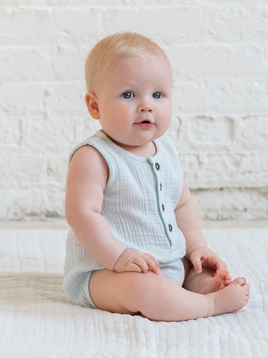 Bowie Muslin Bubble Romper - Powder Baby : One Pieces : Rompers : Tanks KENDI by Colored Organics Baby Bowie Muslin Bubble Romper - Powder | Colored Organics®