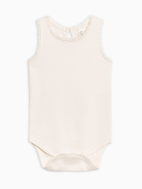 Luna Lace Tank Bodysuit - Ivory Baby : One Pieces : Bodysuits : Short Sleeves Kendi Luna Lace Tank Bodysuit - Ivory for Baby | Colored Organics®