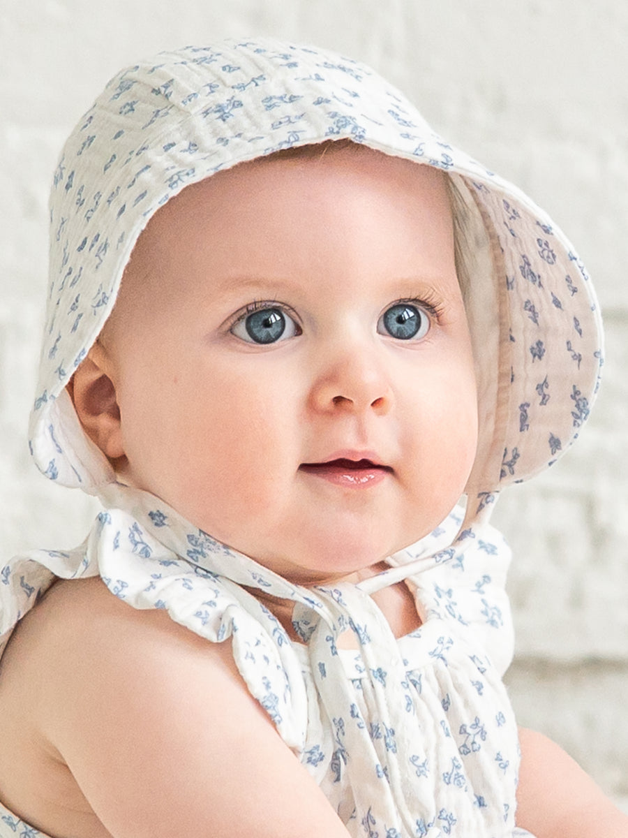 Muslin Bonnet - Rosebay Floral / Coconut + Sea Baby : Accessories : Hats KENDI by Colored Organics Muslin Bonnet - Rosebay Floral / | Colored Organics®