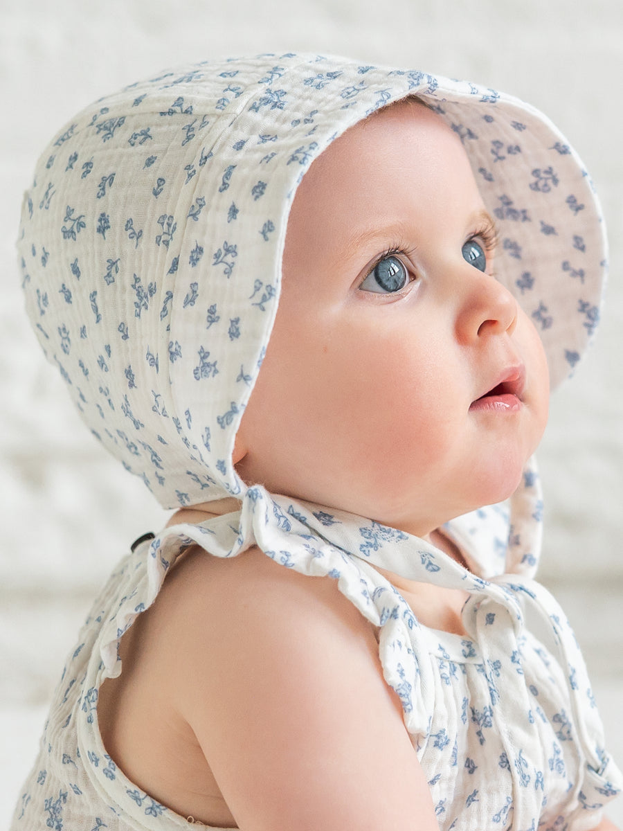 Muslin Bonnet - Rosebay Floral / Coconut + Sea Baby : Accessories : Hats KENDI by Colored Organics Muslin Bonnet - Rosebay Floral / | Colored Organics®