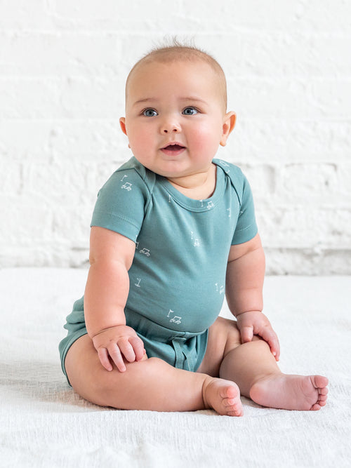 Afton Bodysuit - Fairway / Laguna + Powder Baby : One Pieces : Bodysuits : Short Sleeves KENDI by Colored Organics Afton Bodysuit - Fairway / Laguna + | Colored Organics®