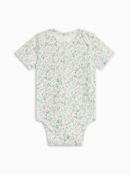 Afton Bodysuit - Merion Floral / Laguna + Shell Baby : One Pieces : Bodysuits : Short Sleeves KENDI by Colored Organics Afton Bodysuit - Merion Floral / Laguna | Colored Organics®