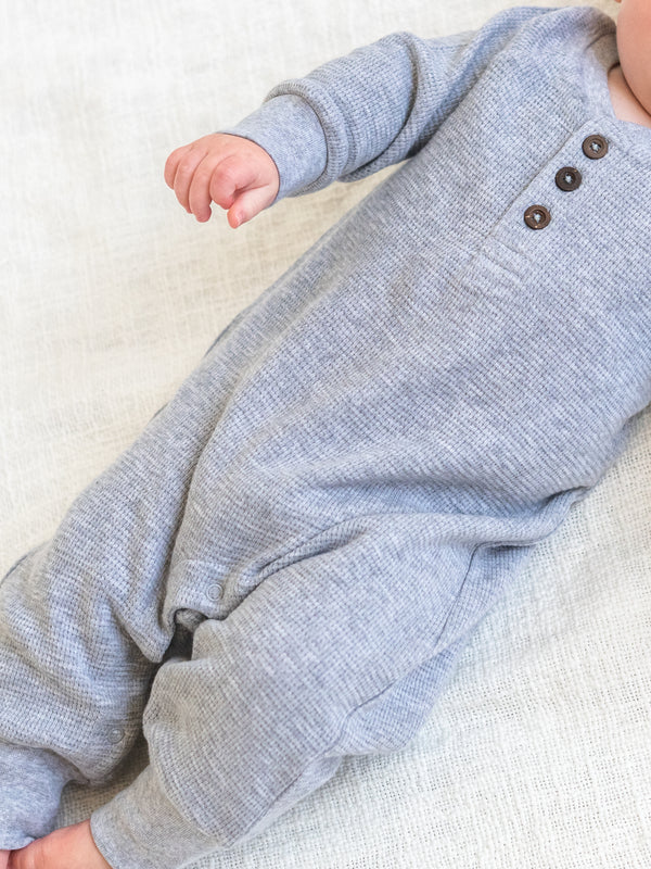 Crosby Waffle Knit Henley Romper - Ashen Baby : One Pieces : Rompers : Long Sleeves KENDI by Colored Organics Baby Crosby Waffle Knit Henley Romper | Colored Organics®