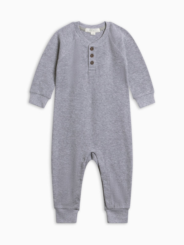 Crosby Waffle Knit Henley Romper - Ashen Baby : One Pieces : Rompers : Long Sleeves KENDI by Colored Organics Baby Crosby Waffle Knit Henley Romper | Colored Organics®