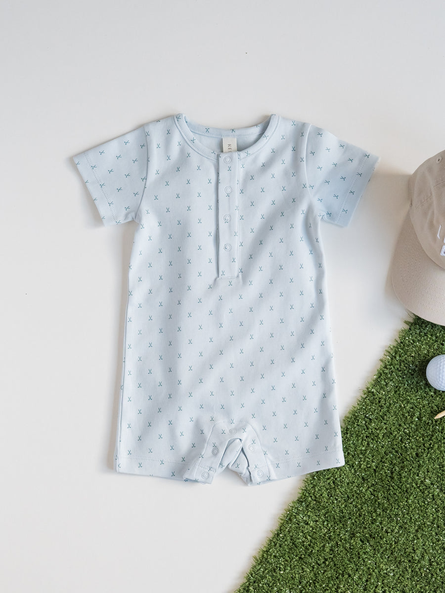 Mason Short Sleeve Romper - Tee Time / Powder + Laguna Baby : One Pieces : Rompers : Short Sleeves KENDI by Colored Organics Mason Short Sleeve Romper - Tee Time / | Colored Organics®