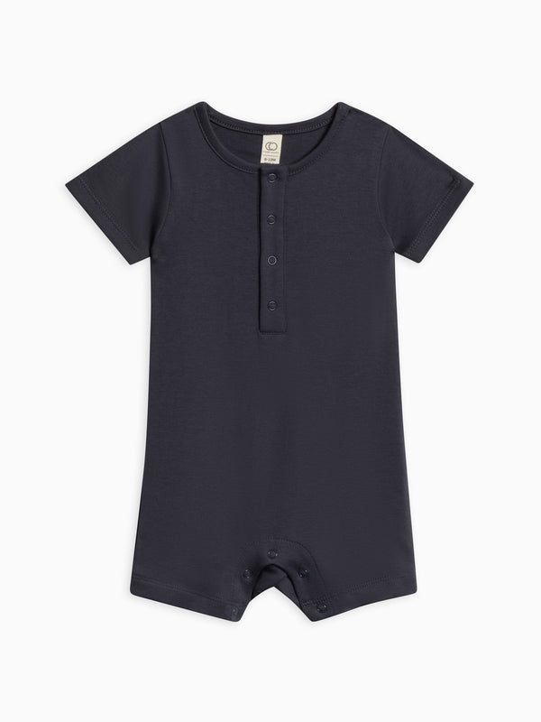 Mason Short Sleeve Romper - Navy Baby : One Pieces : Rompers : Short Sleeves Kendi Baby Mason Short Sleeve Romper - Navy | Colored Organics®