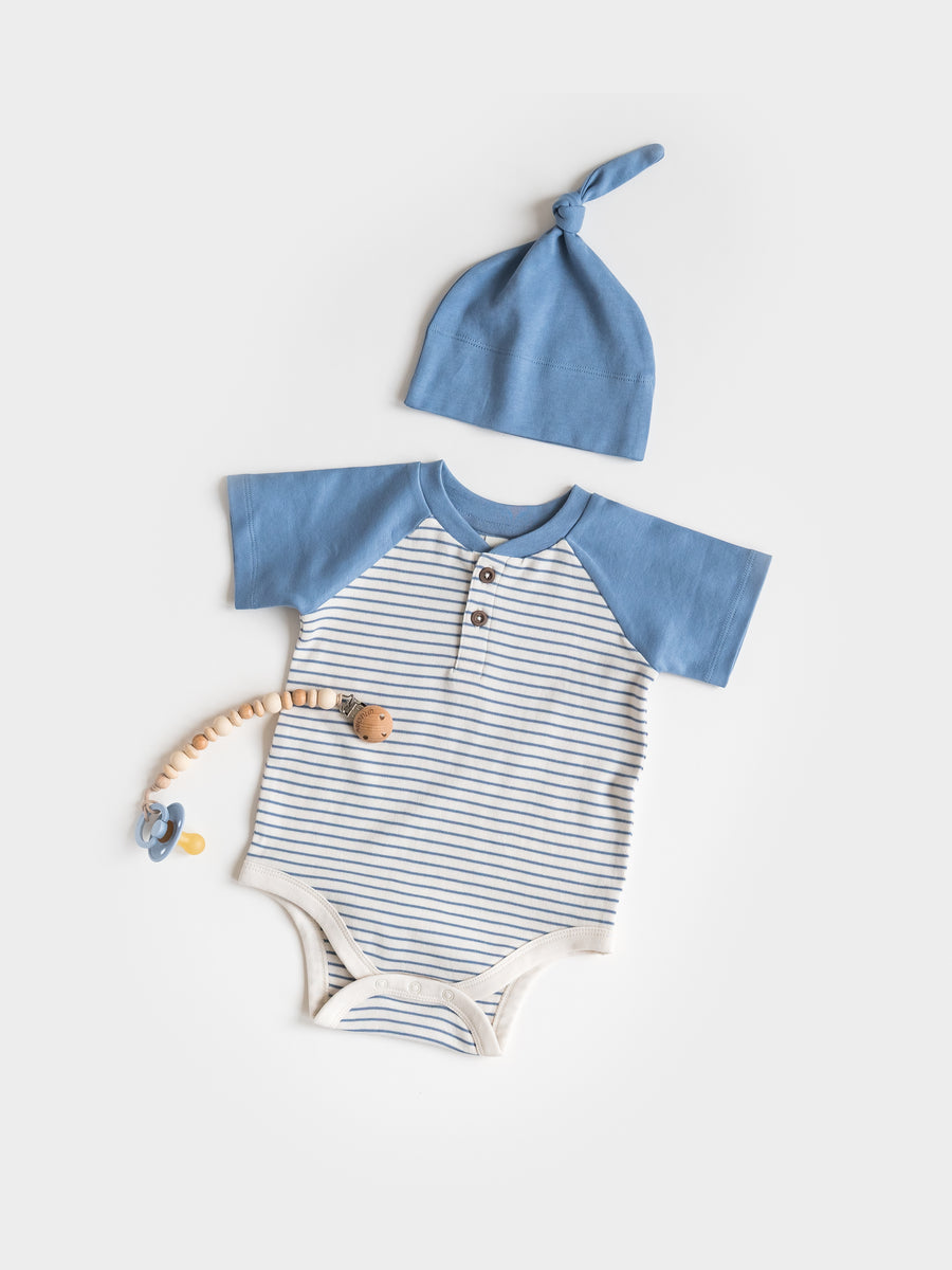 Sosa Raglan Henley Bodysuit - Bay Stripe / Ivory + Sea Baby : One Pieces : Bodysuits : Short Sleeves KENDI by Colored Organics Sosa Raglan Henley Bodysuit - Bay | Colored Organics®