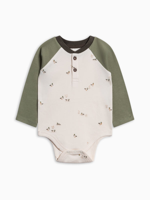 Lucas Raglan Henley Bodysuit - Mallard Baby : One Pieces : Bodysuits : Long Sleeves KENDI by Colored Organics Lucas Raglan Henley Bodysuit for Baby | Colored Organics®
