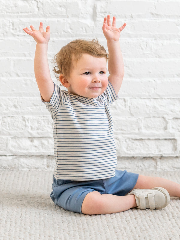 Short Sleeve Crew - Bay Stripe / Ivory + Sea Baby-Kids : Tops : Shirts : Short Sleeves KENDI by Colored Organics Organic Cotton Baby Crew Neck Tee | Colored Organics®