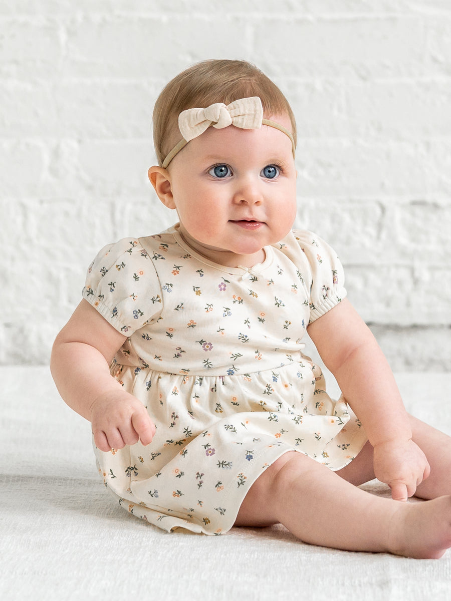 Rhoda Puff Sleeve Bodysuit Dress - Petaline Floral / Fog + Fern Baby : Dresses : Short Sleeves Kendi Rhoda Puff Sleeve Bodysuit Dress | Colored Organics®