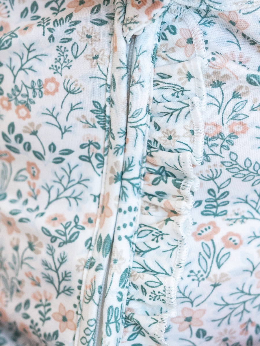 Neve Ruffle Zipper Footed Romper - Merion Floral / Laguna + Shell Baby : One Pieces : Long Sleeves KENDI by Colored Organics Neve Ruffle Zipper Footed Romper | Colored Organics®