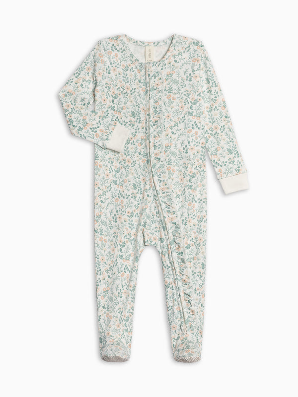 Neve Ruffle Zipper Footed Romper - Merion Floral / Laguna + Shell Baby : One Pieces : Long Sleeves KENDI by Colored Organics Neve Ruffle Zipper Footed Romper | Colored Organics®
