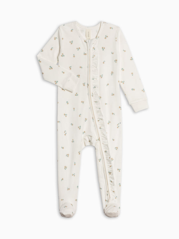 Neve Ruffle Zipper Footed Romper - Palmer Floral / Dune + Laguna Baby : One Pieces : Long Sleeves KENDI by Colored Organics Neve Ruffle Zipper Footed Romper | Colored Organics®