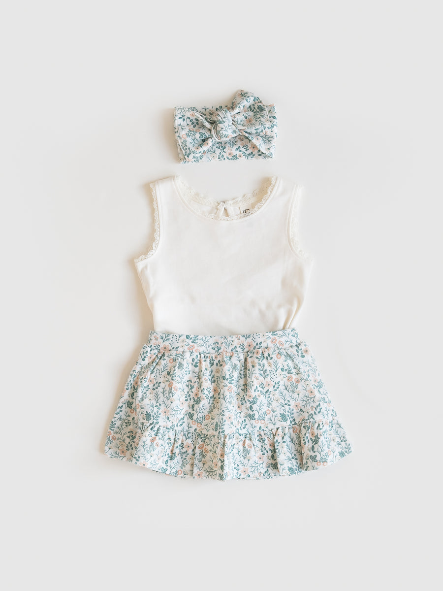 Sunny Skirt with Bloomer Shorts - Merion Floral / Laguna + Shell Baby-Kids : Bottoms : Shorts : Skirts KENDI by Colored Organics Sunny Skirt with Bloomer Shorts | Colored Organics®