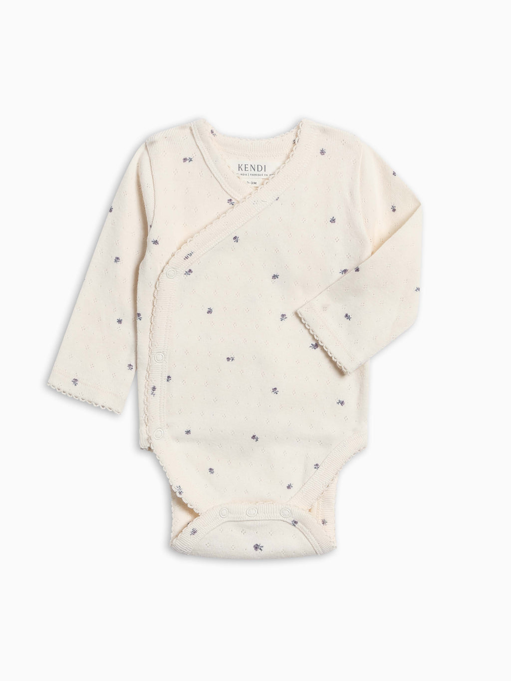 Bijoux Long Sleeve Pointelle Kimono Bodysuit - Macy Floral / Ivory Baby : One Pieces : Kimono Bodysuits : Long Sleeves KENDI by Colored Organics Bijoux Long Sleeve Pointelle Kimono | Colored Organics®