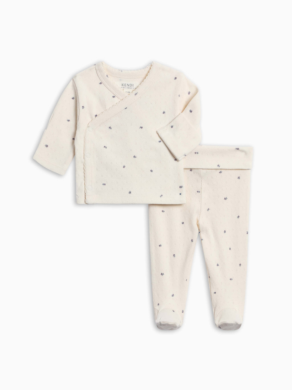 Mignon Kimono Pointelle Top and Pant Set - Macy Floral / Ivory Baby : Virtual Set : Bottoms : Pants : One Pieces : Kimono Bodysuits : Long Sleeves KENDI by Colored Organics Mignon Kimono Pointelle Top and Pant Set | Colored Organics®