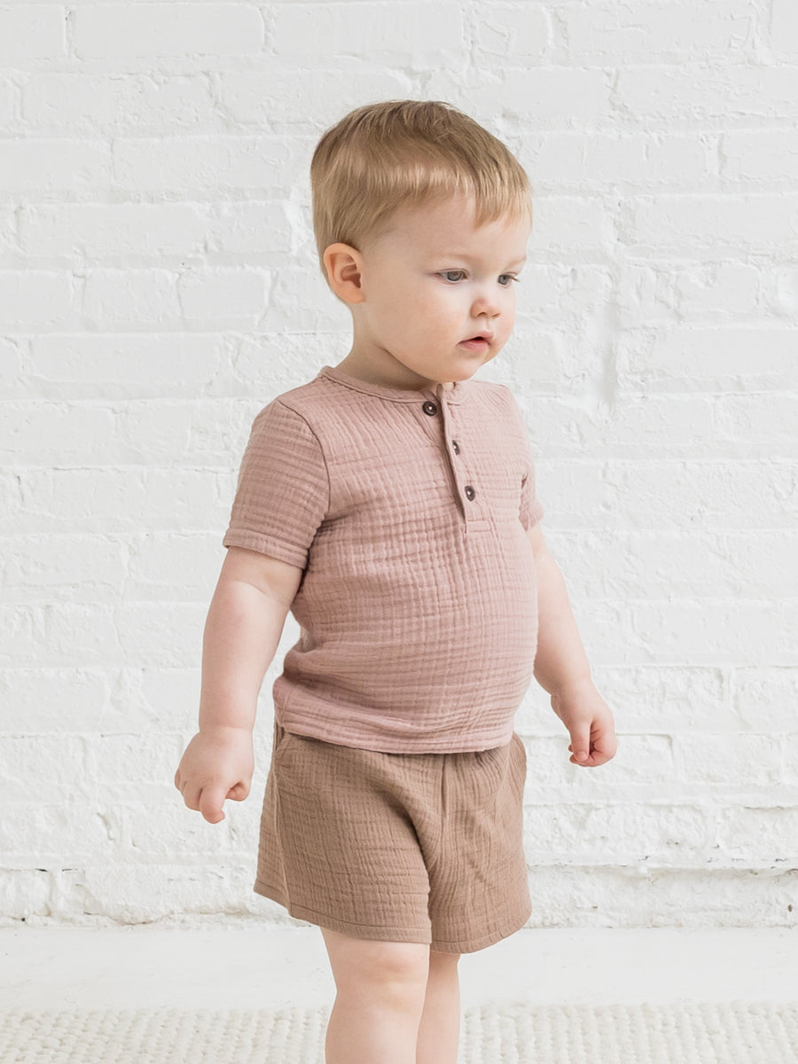 Dean Muslin Henley Sale : Baby-Kids : Tops : Shirts : Short Sleeves Kendi Dean Muslin Henley for Babies and Kids | Colored Organics®