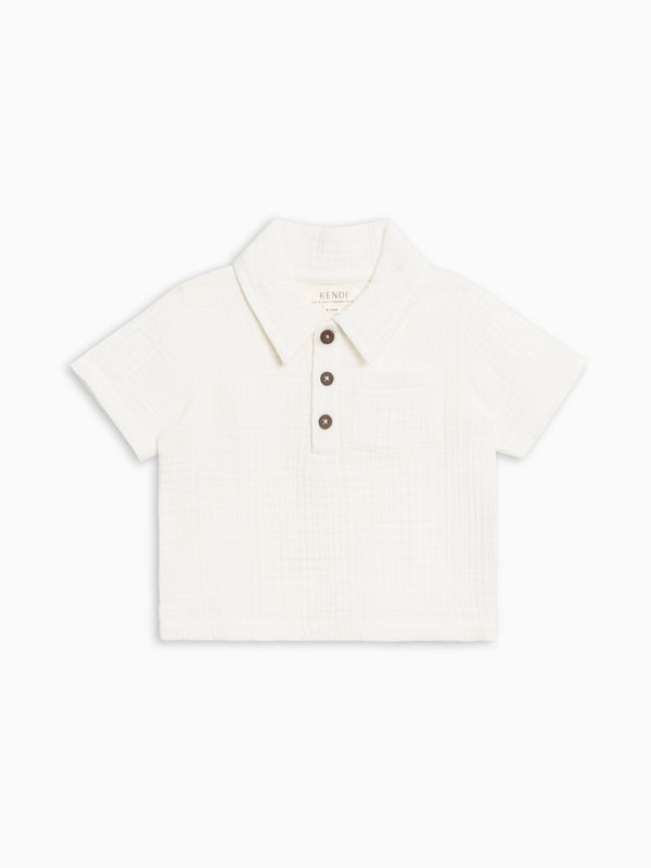 Ezra Muslin Short Sleeve Polo - Coconut Baby-Kids : Tops : Shirts : Short Sleeves KENDI by Colored Organics Ezra Muslin Short Sleeve Polo - Coconut | Colored Organics®