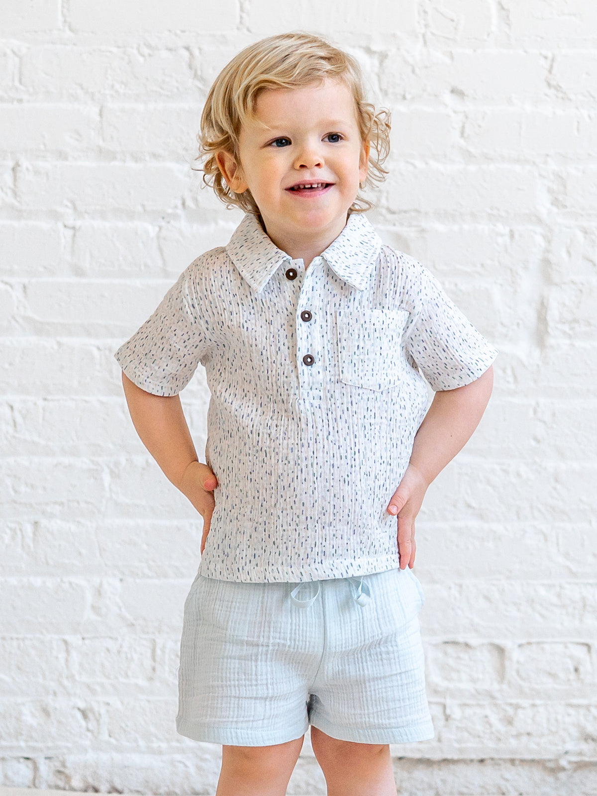 Ezra Muslin Henley - Pinehurst / Powder + Shell Sale : Baby-Kids : Tops : Shirts : Short Sleeves KENDI by Colored Organics Ezra Muslin Henley - Pinehurst / Powder | Colored Organics®