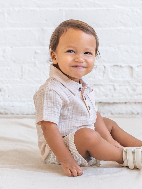 Ezra Muslin Henley - Shell Baby-Kids : Tops : Shirts : Short Sleeves KENDI by Colored Organics Ezra Muslin Henley - Shell for Baby | Colored Organics®
