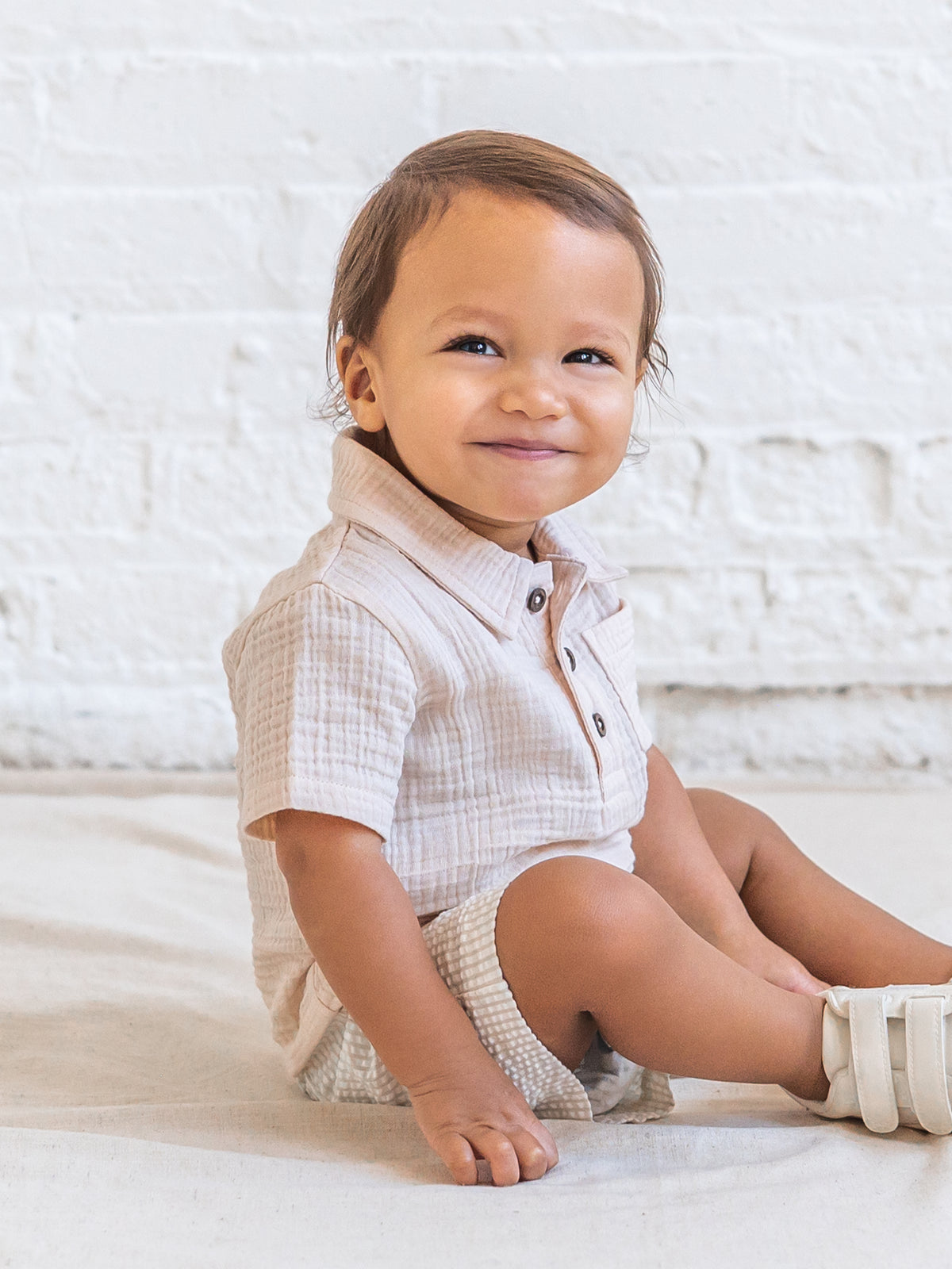 Ezra Muslin Henley - Shell Baby-Kids : Tops : Shirts : Short Sleeves KENDI by Colored Organics Ezra Muslin Henley - Shell for Baby | Colored Organics®