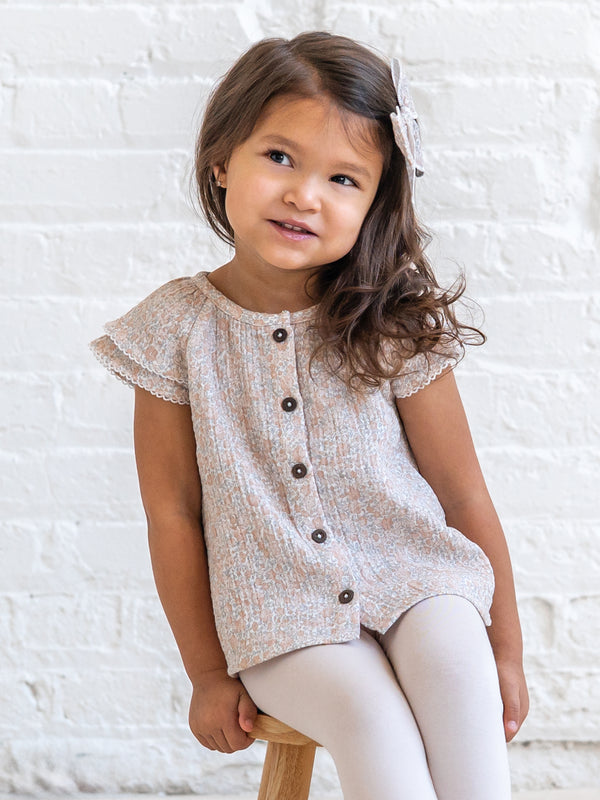 Nelly Muslin Ruffle Sleeve Top - Belmont Floral / Shell + Powder Baby-Kids : Tops : Shirts : Short Sleeves KENDI by Colored Organics Nelly Muslin Ruffle Sleeve Top | Colored Organics®