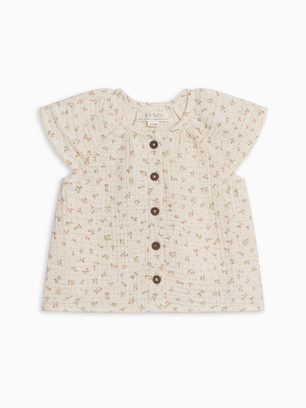 Nelly Muslin Ruffle Sleeve Top - Camellia Floral / Shell + Fern Sale : Baby-Kids : Tops : Shirts : Short Sleeves Kendi Nelly Muslin Ruffle Sleeve Top | Colored Organics®